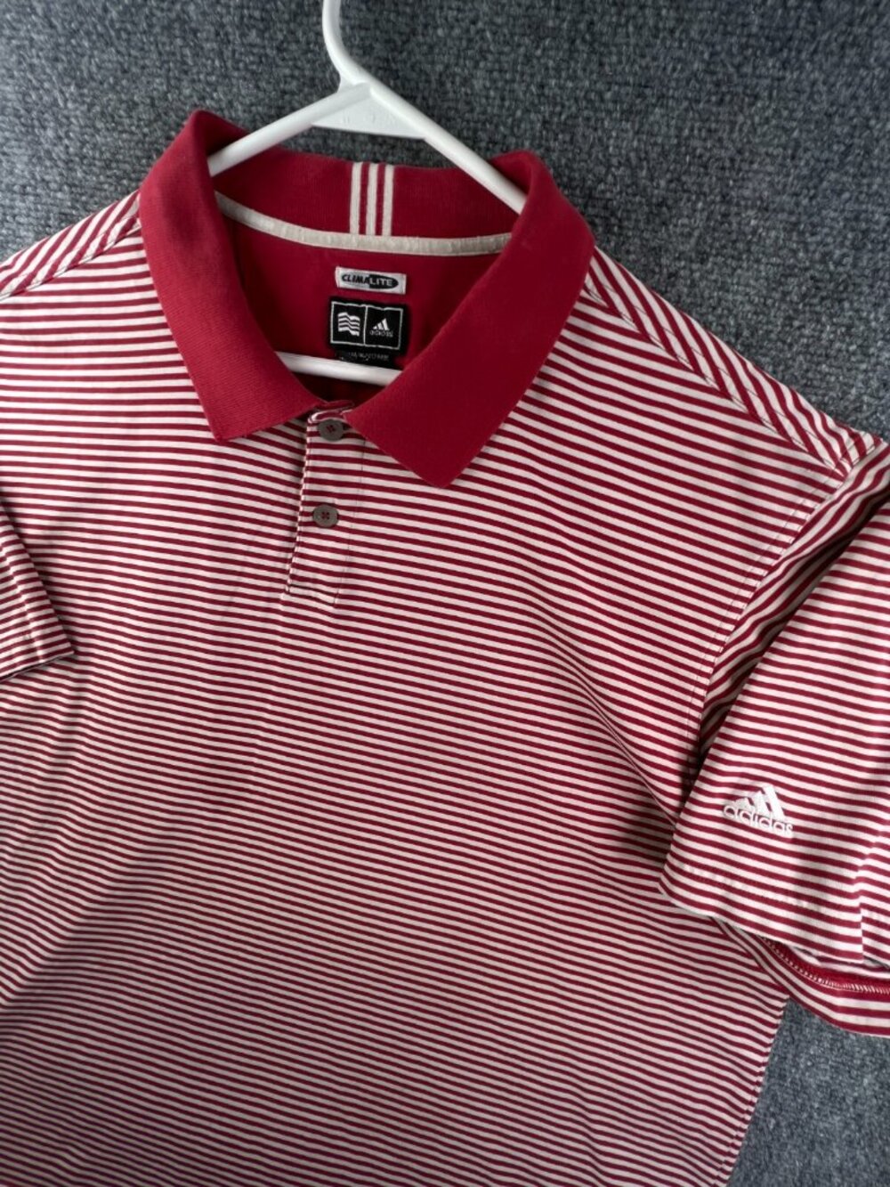 Adidas Mens Large Red White Striped Short Sleeve Cotton Blend Polo Climalite